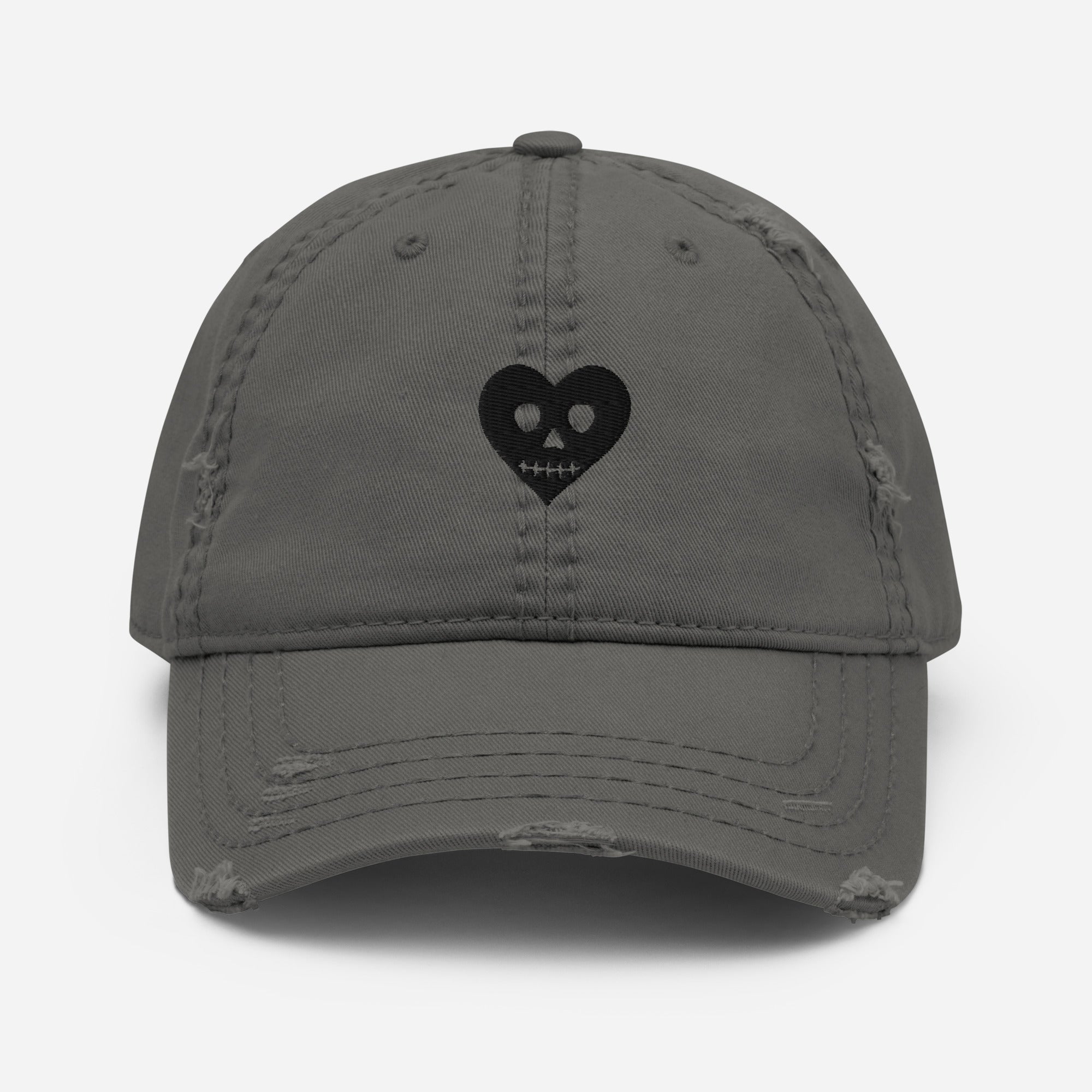 Embroidered Dark Hearts Distressed Hat [Charcoal]